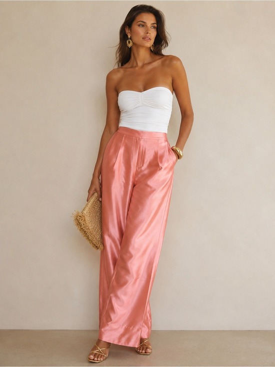 Andrea Iyamah Pants - Andrea Iyamah Vasi Pant Peach Satin Wide Leg High Rise Small US 6
